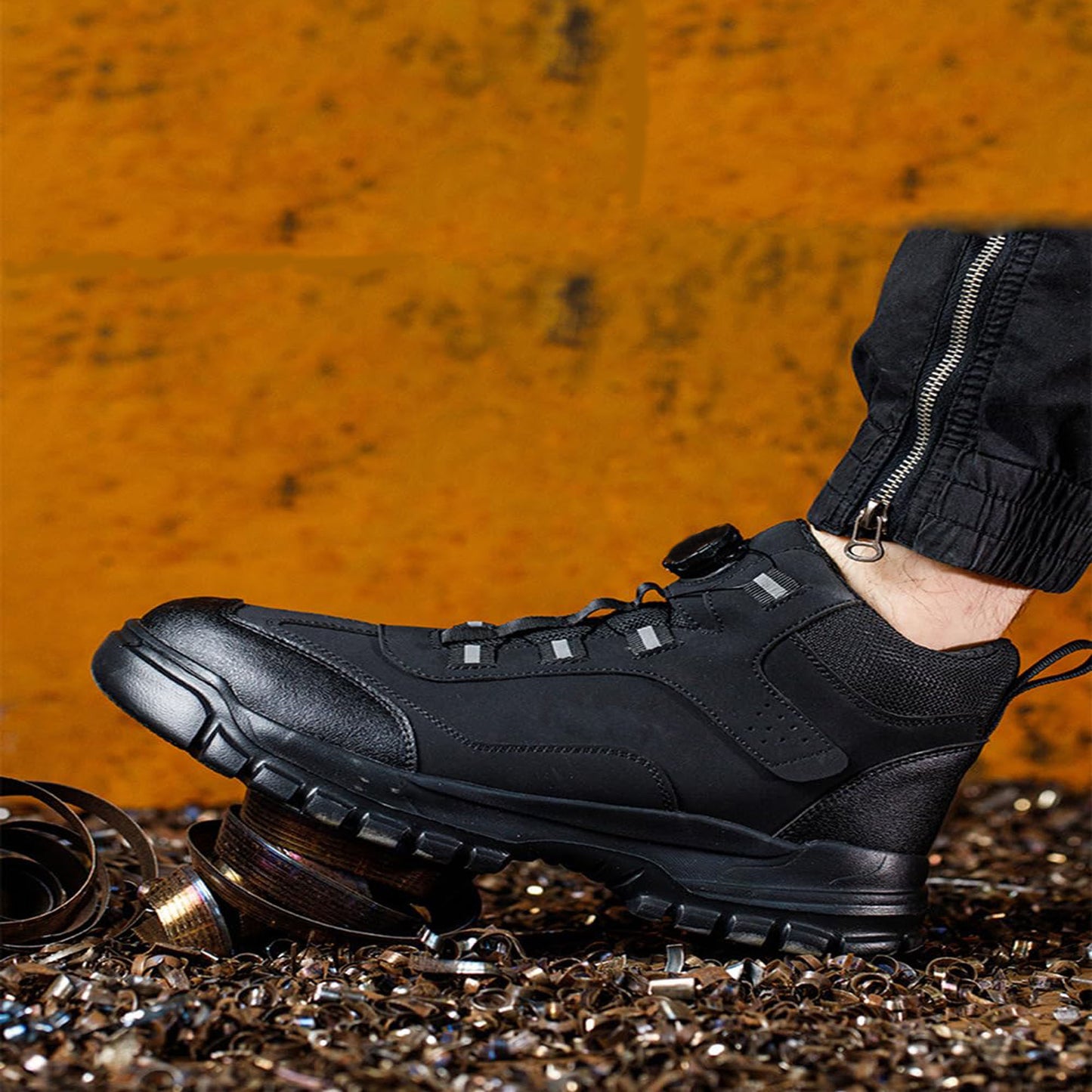 Safety shoes, high cut, dial type, waterproof, work boots, leather, lightweight, work boots, steel toe cap, stylish, black, slip resistant, nail puncture prevention, wear resistant