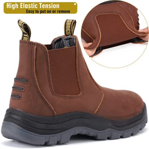 DIIG Work Boots for Men. Soft/Steel Toe Waterproof Working Boots. Slip Resistant Anti-Static Slip-on Safety EH Working Shoes 6 8 9 10 11 12 13 (Brown)