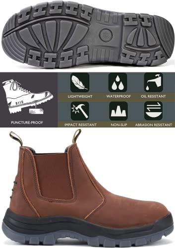 DIIG Work Boots for Men. Soft/Steel Toe Waterproof Working Boots. Slip Resistant Anti-Static Slip-on Safety EH Working Shoes 6 8 9 10 11 12 13 (Brown)