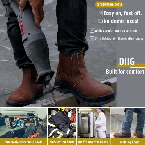 DIIG Work Boots for Men. Soft/Steel Toe Waterproof Working Boots. Slip Resistant Anti-Static Slip-on Safety EH Working Shoes 6 8 9 10 11 12 13 (Brown)