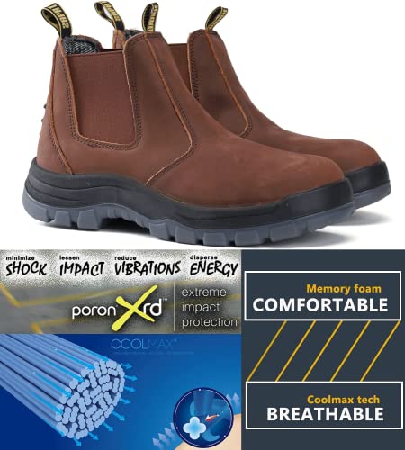 DIIG Work Boots for Men. Soft/Steel Toe Waterproof Working Boots. Slip Resistant Anti-Static Slip-on Safety EH Working Shoes 6 8 9 10 11 12 13 (Brown)