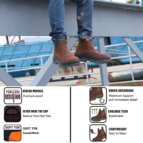 DIIG Work Boots for Men. Soft/Steel Toe Waterproof Working Boots. Slip Resistant Anti-Static Slip-on Safety EH Working Shoes 6 8 9 10 11 12 13 (Brown)