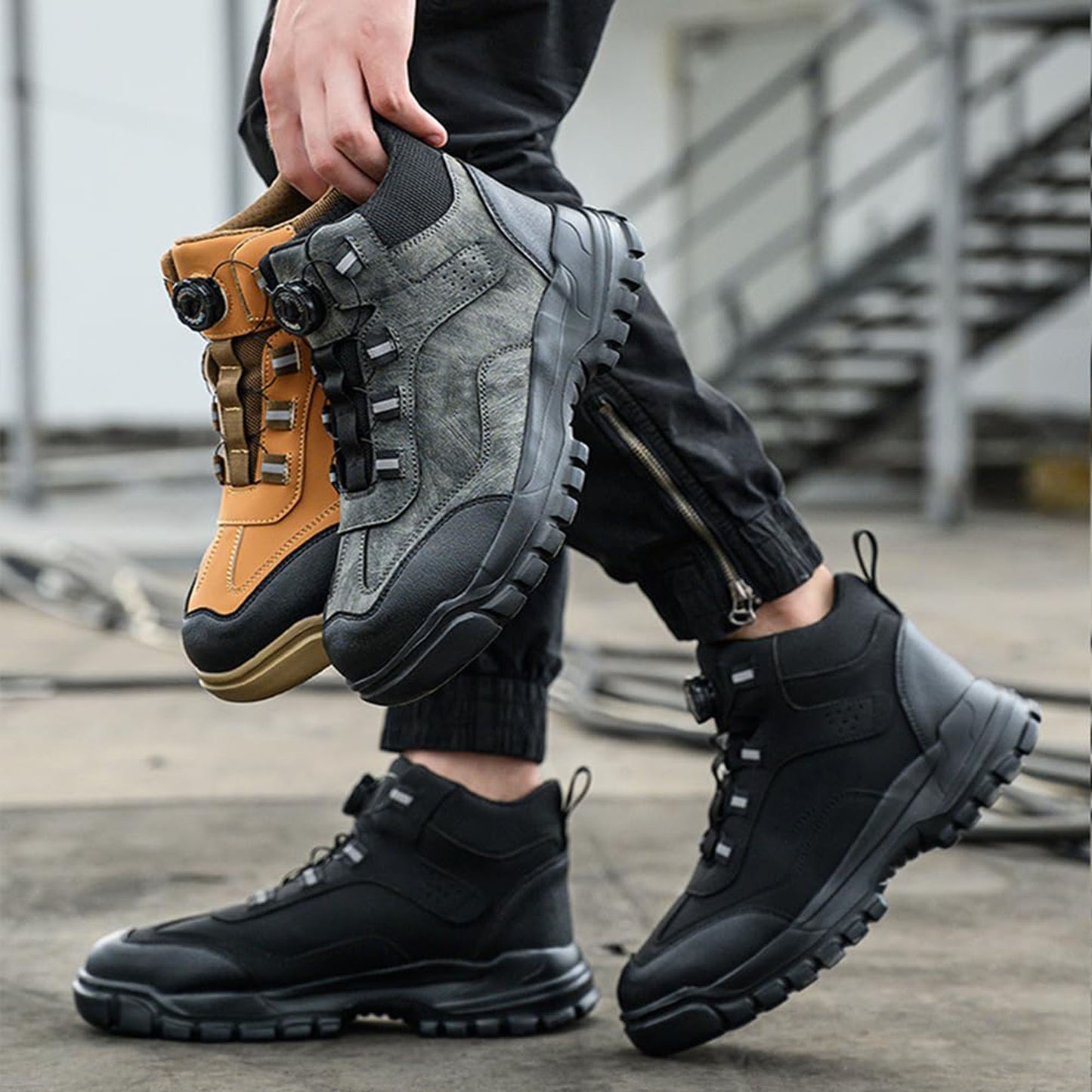 Safety shoes, high cut, dial type, waterproof, work boots, leather, lightweight, work boots, steel toe cap, stylish, black, slip resistant, nail puncture prevention, wear resistant