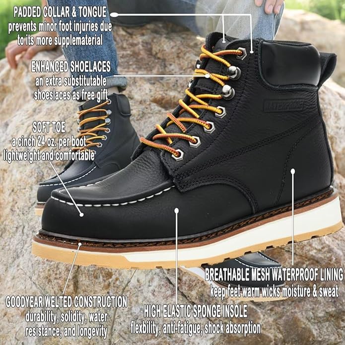 Work Boots for Men, 6" Soft Toe Boots Wedge Sole, Waterproof Safety Boots, Comfortable Construction Work Safety Boots