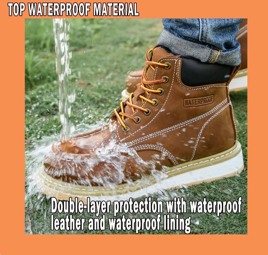Work Boots for Men, 6" Soft Toe Boots Wedge Sole, Waterproof Safety Boots, Comfortable Construction Work Safety Boots
