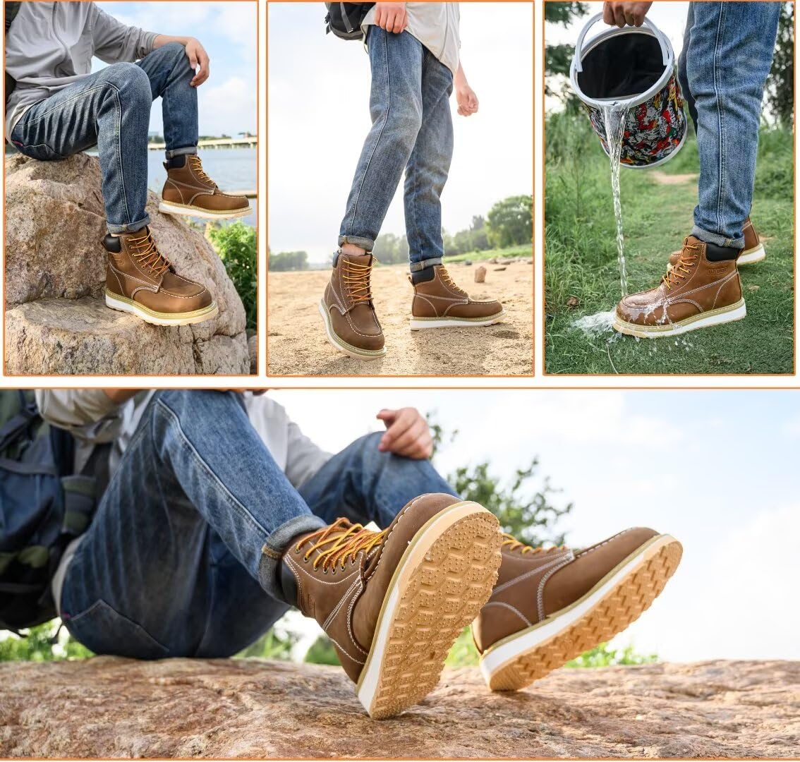 Work Boots for Men, 6" Soft Toe Boots Wedge Sole, Waterproof Safety Boots, Comfortable Construction Work Safety Boots