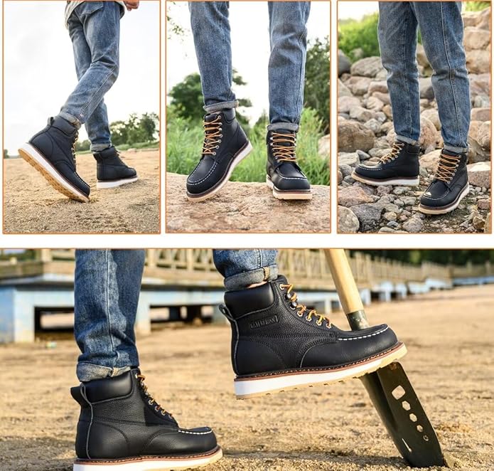Work Boots for Men, 6" Soft Toe Boots Wedge Sole, Waterproof Safety Boots, Comfortable Construction Work Safety Boots