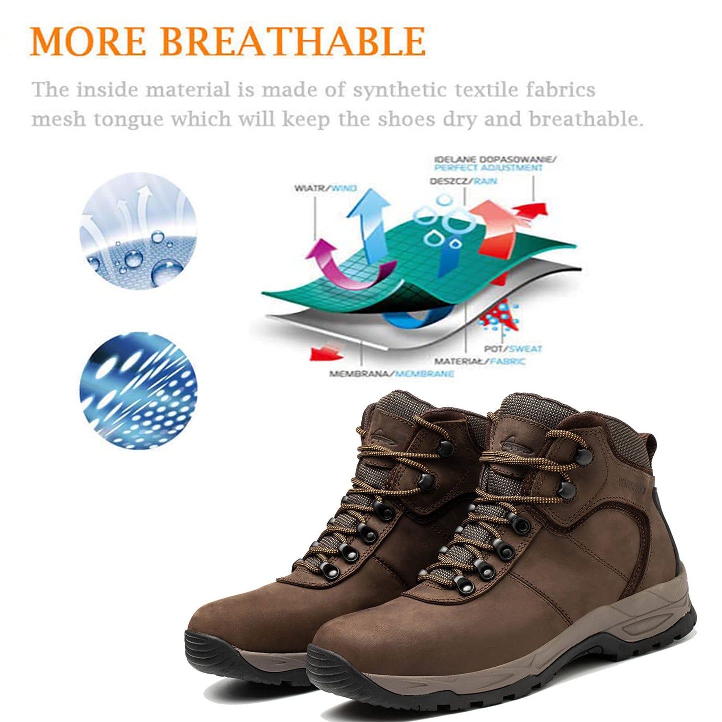 Waterproof Hiking Boots for Men, 6" Comfortable Soft Toe Shoes Mid Non Slip Hiking Shoes Outdoor Travel Shoes Leather Hiking Backpack Boots
