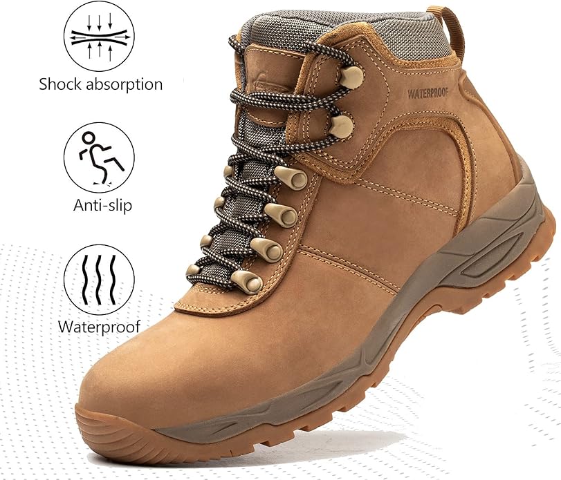 Waterproof Hiking Boots for Men, 6" Comfortable Soft Toe Shoes Mid Non Slip Hiking Shoes Outdoor Travel Shoes Leather Hiking Backpack Boots