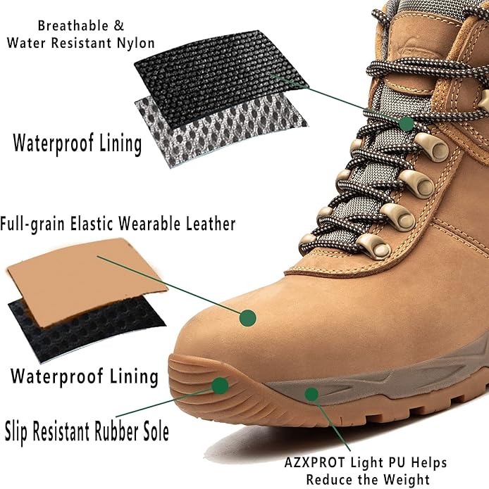 Waterproof Hiking Boots for Men, 6" Comfortable Soft Toe Shoes Mid Non Slip Hiking Shoes Outdoor Travel Shoes Leather Hiking Backpack Boots